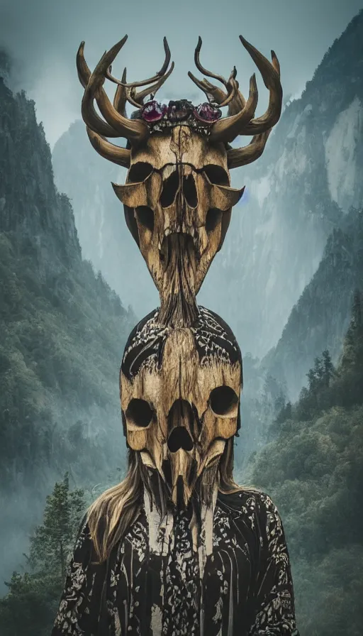 Image similar to gigantic goddess of wildlife wearing unknown animal skull mask with thousand horns looming over misty mountains forest