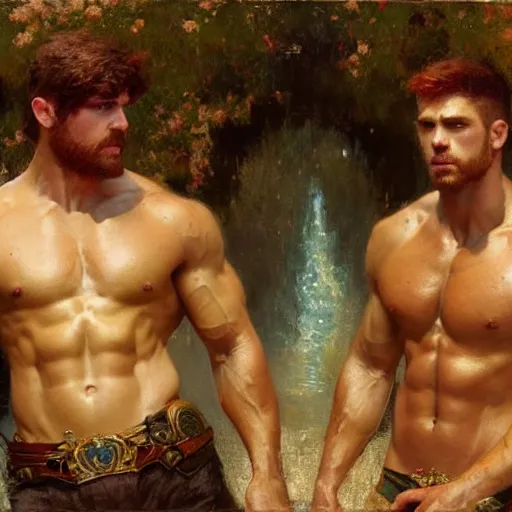 Image similar to attractive muscular mike with ginger hair with attractive tyler with brunet hair, drinking their hearts out, in their noble mansion. very defined and highly detailed painting by gaston bussiere, craig mullins 8 k