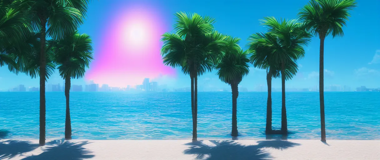 Image similar to synthwave beach, palm trees, water with caustics, 3 d octane render, raytracing, dynamic lighting, focus