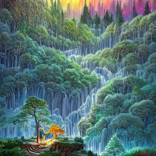 Image similar to A beautiful photograph of a breathtaking detailed fantasy forest landscape of waterfalls, mountains, trees and valleys, all lit by ten scattered small glowing colored bioluminescent plants, tiny fireflies and moonlight at midnight, by geof darrow, David Noren, jordan grimmer, tyler edlin, featured on cgsociety, aerial view, wide angle landscape, ISO 100, f/32, fantasy art, 8k