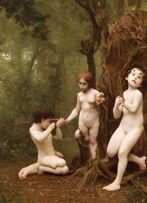 Image similar to pagan boy and girl performing an occult satanic ritual on a goat in a deep thorns bones bloody forest, by william-adolphe bouguereau and Takato Yamamoto, high resolution, rendered in octane 3d