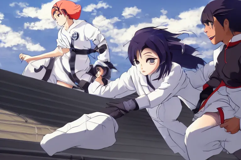 Image similar to a cute young female ninja nurse wearing white coat is attacking an old custodian on a harlem rooftop, lighting, anime scenery by Makoto shinkai