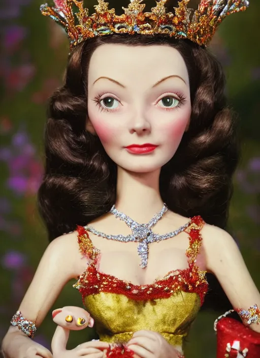 Image similar to closeup face profile portrait of tin toy vivien leigh as a fairytale princess wearing a crown eating cakes, bikini, depth of field, zeiss lens, detailed, symmetrical, centered, fashion photoshoot, by nicoletta ceccoli, mark ryden, lostfish, breathtaking, 8 k resolution, extremely detailed, beautiful, establishing shot, artistic, hyperrealistic, octane render
