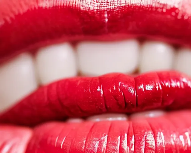 Image similar to big plump lips with red lipgloss reflecting on the surface. closeup of a devilish long tongue sticking out. very beautiful mouth. the tongue is full of bacteria