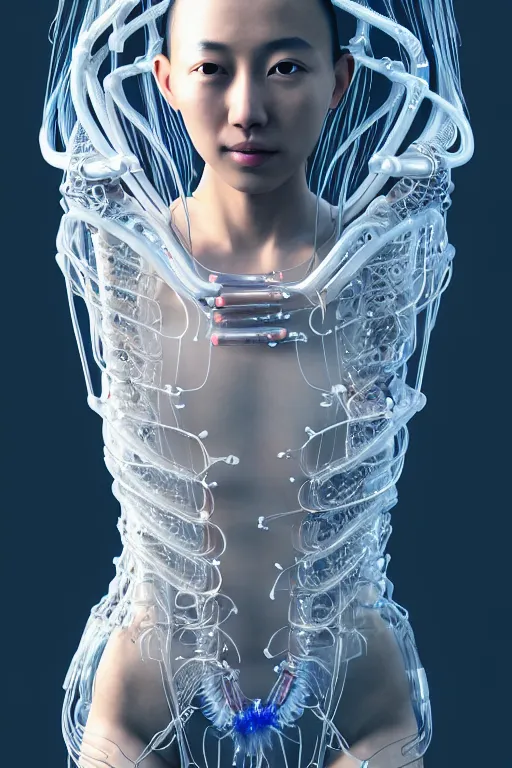 Image similar to beautiful young asian woman, iris van herpen, perfect symmetrical body, full body shot, inflateble shapes, wires, tubes, veins, jellyfish, white biomechanical details, wearing epic bionic cyborg implants, masterpiece, intricate, biopunk, vogue, highly detailed, artstation, concept art, cyberpunk, octane render