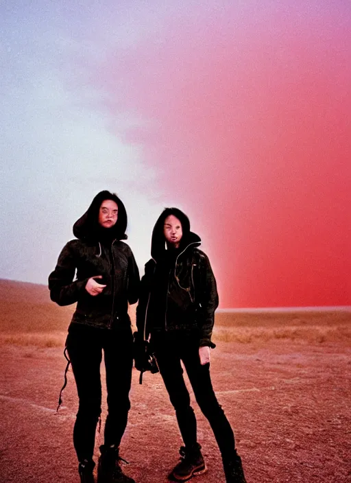 Image similar to cinestill 5 0 d photographic portrait of two loving female androids wearing rugged black techwear on a desolate plain with a red sky, extreme closeup, lizard on ground, cyberpunk style, in front of a brutalist dark metal facility, dust storm, 3 5 mm, 8 k, hd, high resolution, f / 3 2, ultra realistic faces