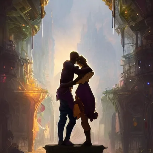 Image similar to a young couple hugging each other in a solarpunk city, D&D, fantasy, intricate, elegant, highly detailed, digital painting, artstation, concept art, matte, sharp focus, illustration, hearthstone, art by Artgerm and Greg Rutkowski and Alphonse Mucha