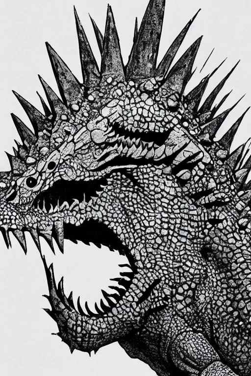 Image similar to Godzilla, kaiju, sea creature, crocodile, iguana, dragon, spikes, sharp teeth, scary look, angry