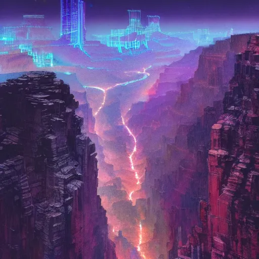 Prompt: the Grand Canyon filled with glowing futuristic cyberpunk skyscrapers at night with a starry sky, fantasy, neon lights, james gurney, katsuhiro otomo, james paick, cinematic lighting, artstation, vibrant nature, anime style, Craig Mullins, Greg Rutkowski, Pete Morbacher, Tuomas Korpi, tekkon kinreet, volumetric light, artstation, octane render, redshift render, hyperrealism, photorealistic concept art, highly detailed