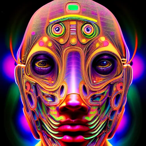 Prompt: An extremely psychedelic portrait of a robot, surreal, LSD, face, detailed, intricate, elegant, lithe, highly detailed, digital painting, artstation, concept art, smooth, sharp focus, illustration