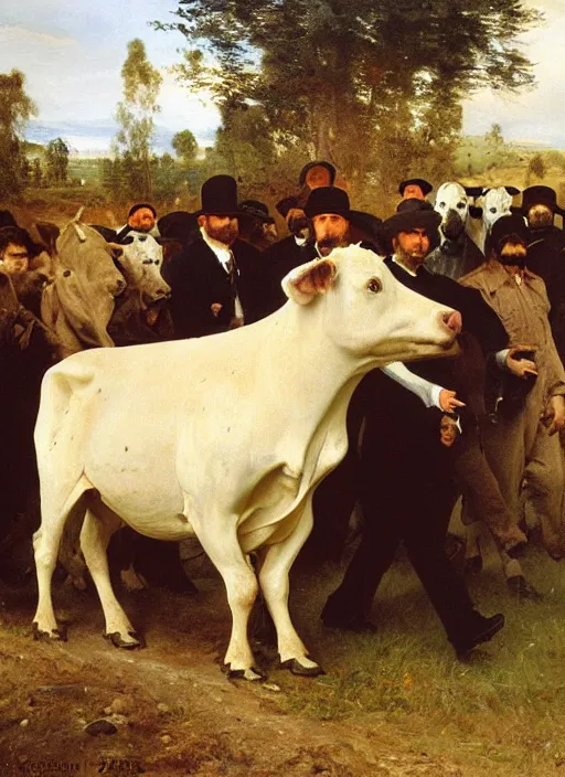 Image similar to artwork painting of acow being led into the slaughter house by eugene von guerard, ivan shishkin, john singer sargent