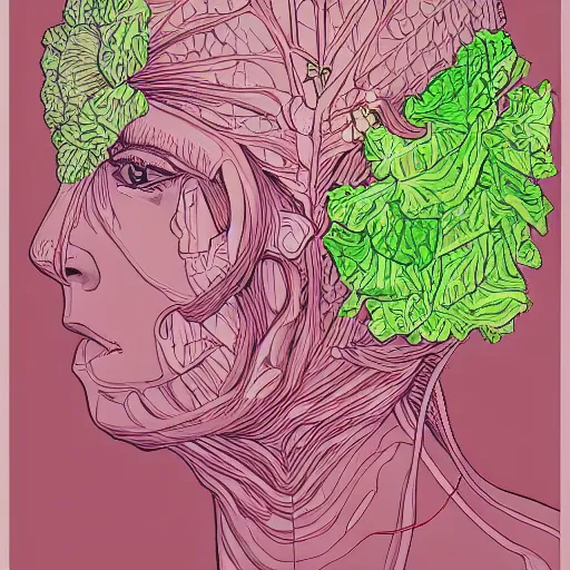 Prompt: the anatomy of a head of lettuce that looks like a pretty and handsome girl, an ultrafine detailed painting by james jean, intricate linework, bright colors, studio ghibli, behance contest winner, vanitas, angular, altermodern, unreal engine