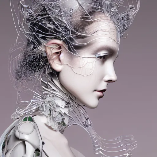 Prompt: the profile portrait of an extremely beautiful, gorgeous, elegant and sophisticated young porcelain mechanoid made of porcelain, an ultrafine detailed illustration by james jean, giuseppe arcimboldo, intricate, final fantasy, unreal engine 5 highly rendered, global illumination, radiant light, fine fiberglass, luminous, translucent, volumetric light, futuristic, 4 k, artstation.