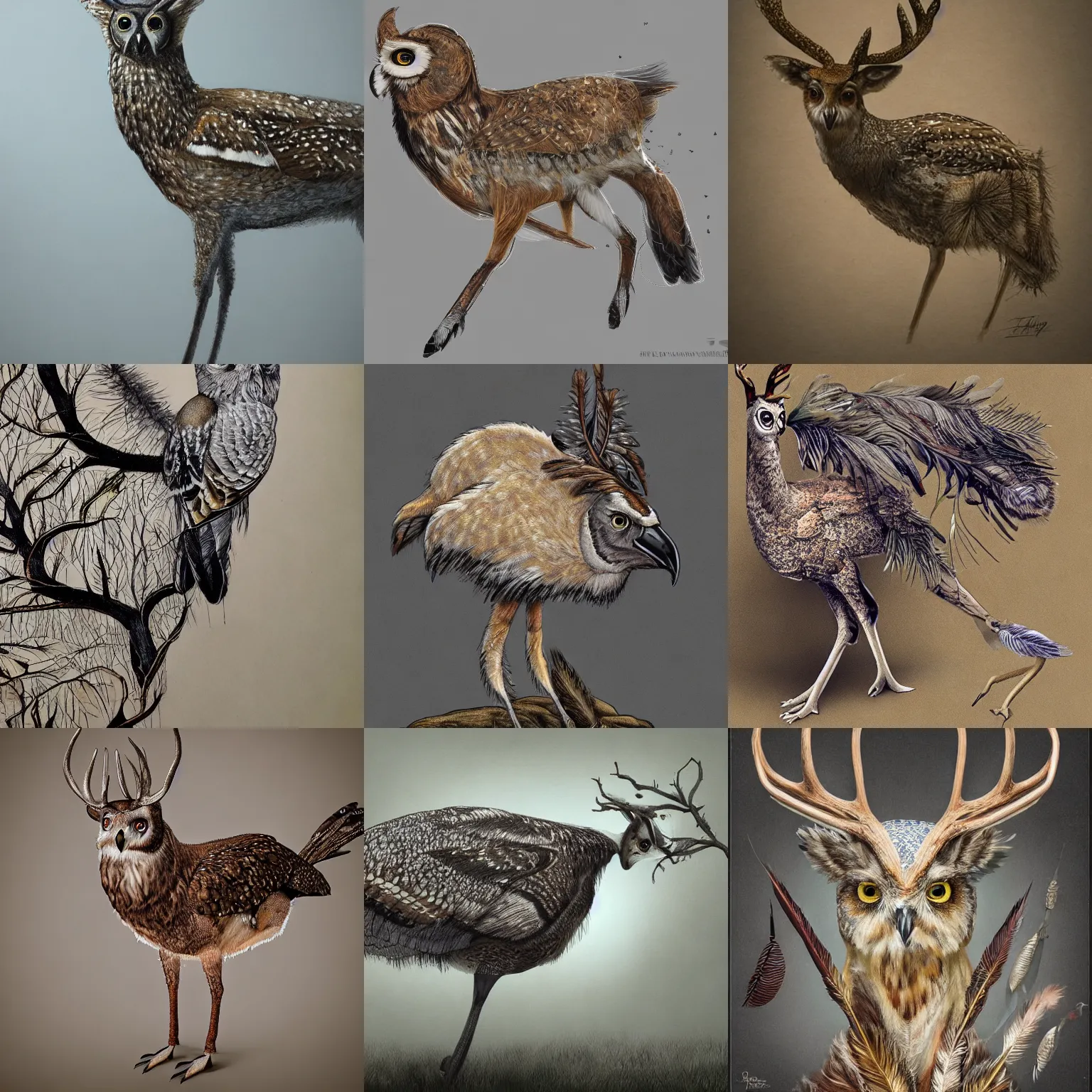 Prompt: a feathered deer with bird feathers, national geographic, owl feathers, trending on artstation, highly detailed, full body