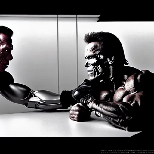 Image similar to uhd photorealisitc candid photo of arnold schwarzenegger begging a terminator not to kill him. hyperdetailed, accurate, studio lighting. photo by annie leibowitz and steve mccurry