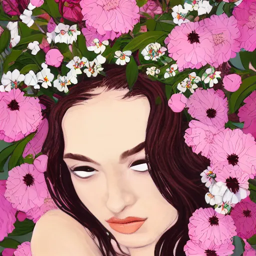 Image similar to Woman against a background of flowers, they are intertwined in her hair, the color of her hair white, coral lips and brown skin, she is in a white satin dress, photorealism style