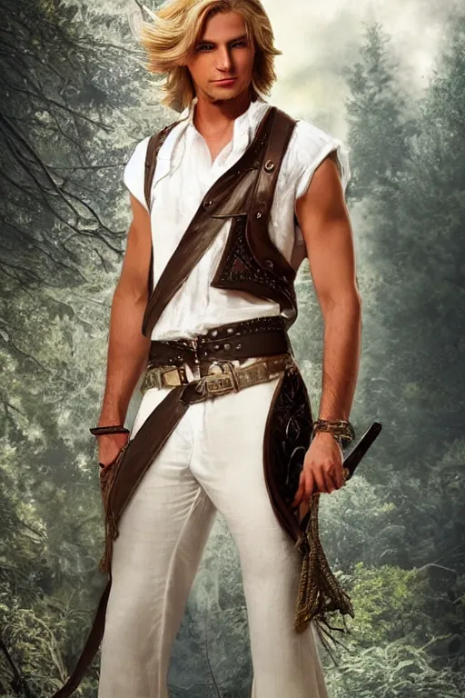 Prompt: a male ranger, dnd, with a leather vest and white linen pants, long swept back blond hair, chiseled good looks, romance novel cover, digital art