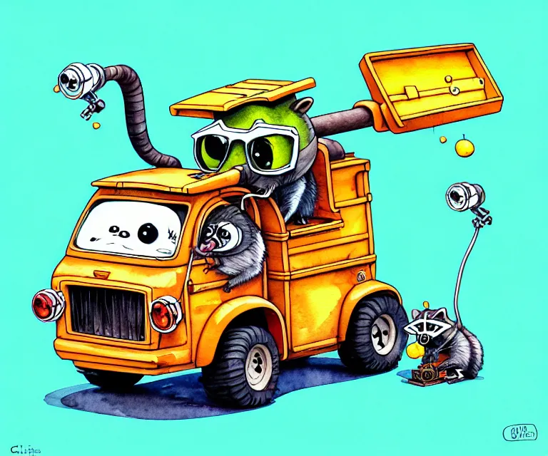 Image similar to cute and funny, racoon wearing goggles driving a tiny garbage truck, ratfink style by ed roth, centered award winning watercolor pen illustration, isometric illustration by chihiro iwasaki, edited by craola, tiny details by artgerm and watercolor girl, symmetrically isometrically centered