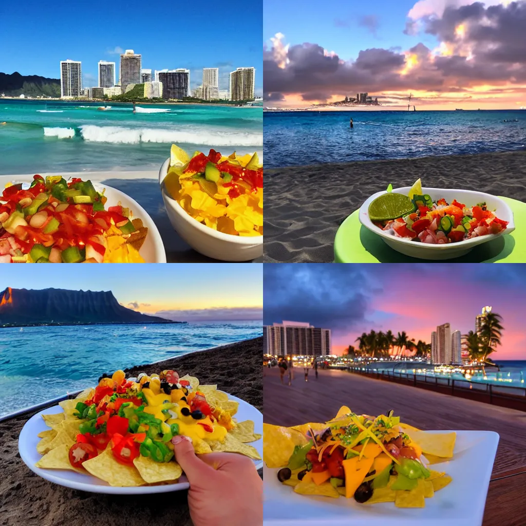 Prompt: poke nachos, Waikiki Beach in the background, golden hour