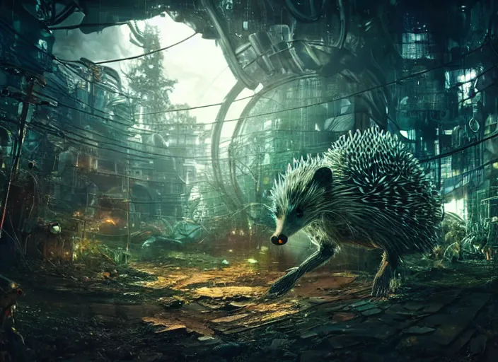 Image similar to portrait of a intricate humanoid hedgehog terminator, on the background of a weird magical mechanical forest. Very detailed 8k. Fantasy cyberpunk horror. Sharp. Cinematic post-processing. Unreal engine. Nanite. Ray tracing. Parallax. Tessellation