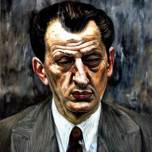 Prompt: Full length portrait of a mafia boss, by Lucian Freud, high textures, empasto paint texture, cinematic, sombre, moody, melancholic, plain background, gray monochromatic pallette, highly realistic, thick brushwork, impressionist brushstrokes