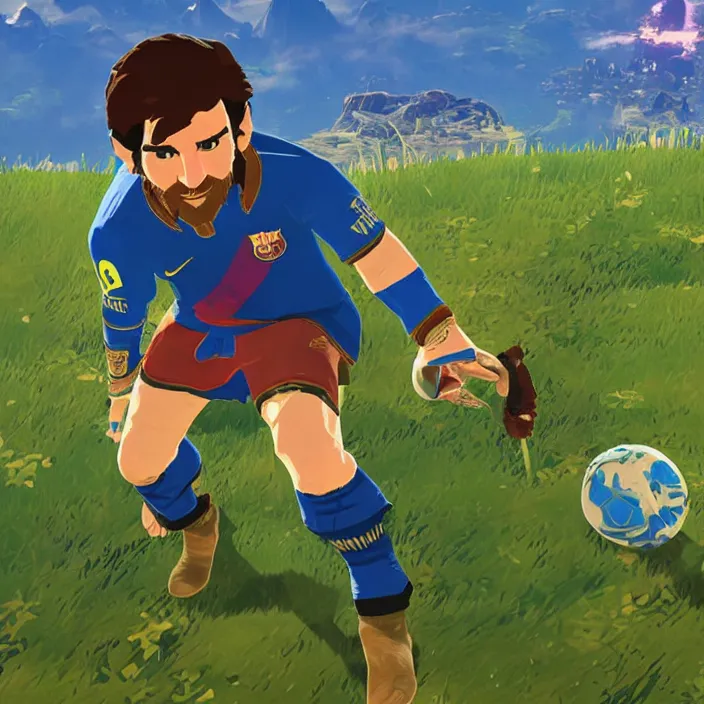 Prompt: Lionel Messi in The Legend of Zelda Breath of the Wild, detailed screenshot