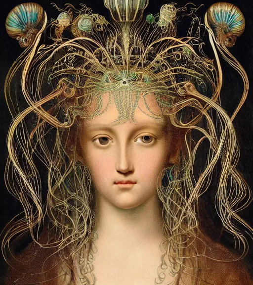 Prompt: portrait of a gorgeous sublime young goddess with intricate decorative jellyfish headdress and beautiful eyes, clear lines, detailed painting by christian rex van minnen and ernst haeckel and james jean