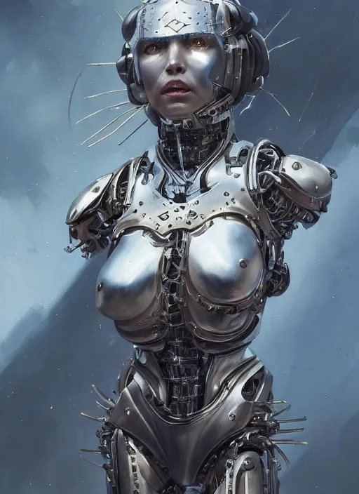 Prompt: A portrait of a female cyborg in armour heellraiser by sorayama by Greg Rutkowski, Sung Choi, Mitchell Mohrhauser, Maciej Kuciara, Johnson Ting, Maxim Verehin, Peter Konig, final fantasy, 8k photorealistic, cinematic lighting, HD, high details, dramatic, atmospheric , trending on artstation