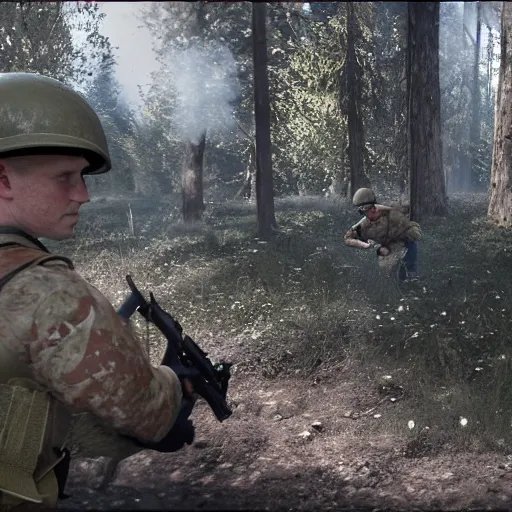 Prompt: ww 2 battlefield encounter in the woods between 2 american soldiers and a german soldier fighting for their lives, hd realistic faces, dirt and dust particles in the air, smoke and fire in the distance - c 1 3