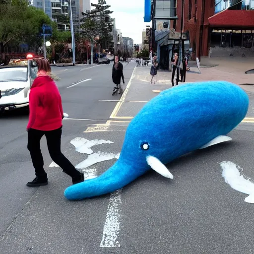 Image similar to photo of a life sized needle - felted blue whale crossing the street