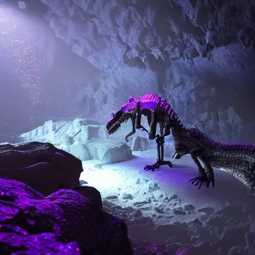 Prompt: full shot of a cave covered in shiny crystals with a dinosaur skeleton on the floor, detailed, unreal engine 4k volumetric light, fog, purple color palette