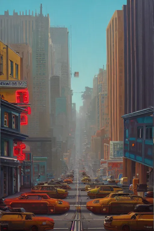 Image similar to Market Street, San Francisco; oil on canvas by Klaus Bürgle and Imperial Boy and Simon Stålenhag;