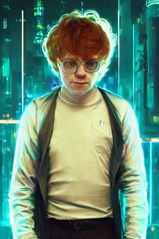 Image similar to portrait of Rupert Grint as Ron Wisly in cyberpunk, neon lighting, night city, digital art from artstation by Ruan Jia and Mandy Jurgens and Artgerm and william-adolphe bouguereau and Greg Rutkowski