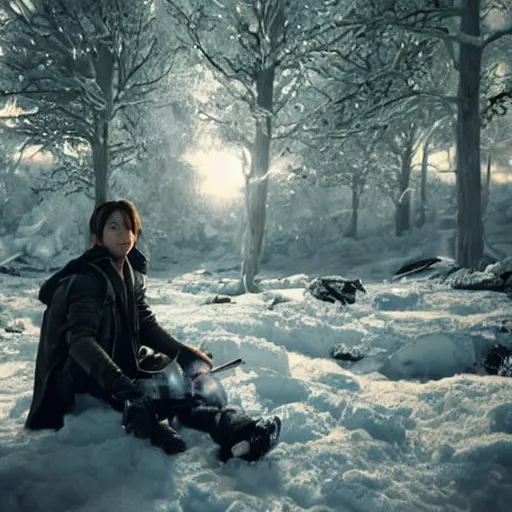 Image similar to a movie still from final fantasy live action, a traveler camping alone in the snow