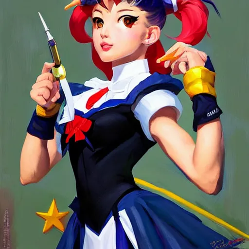 Prompt: greg manchess portrait painting of sailor moon as overwatch character, medium shot, asymmetrical, profile picture, organic painting, sunny day, matte painting, bold shapes, hard edges, street art, trending on artstation, by huang guangjian and gil elvgren and sachin teng