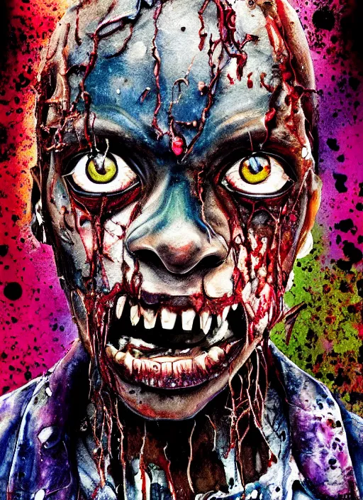 Image similar to african american zombie hollywood artwork professional acting headshot, hyperrealism, intricate detail, studio lighting, charming expression gesicht, hauntingly beautiful zombie, watercolor art, epic, legendary, drawn and painted, colored layers, dulled contrast, exquisite fine art, splatterpaint