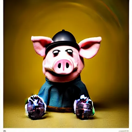 Prompt: studio photograph of a pig wearing a football helmet depicted as a muppet