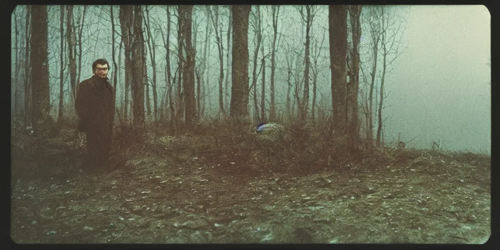 Image similar to detailed medium format photo, polaroid still from tarkovsky movie, sleazy man watching over the zone, haze, high production value, intricate details, 8 k resolution, hyperrealistic, hdr, photorealistic, high definition, tehnicolor, award - winning photography, masterpiece, amazing colors