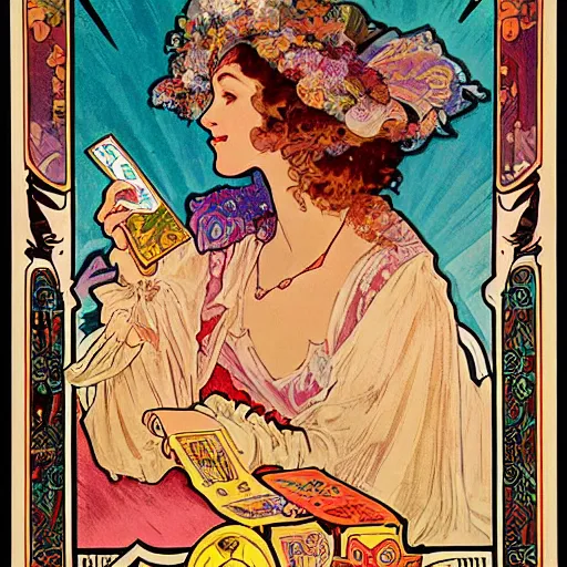 Image similar to a vintage poster with border of a Caucasian fortune teller lady with curly hair, a spread of tarot cards on a table, cats on her side, in a colorful tent, Alphonse Mucha poster ,