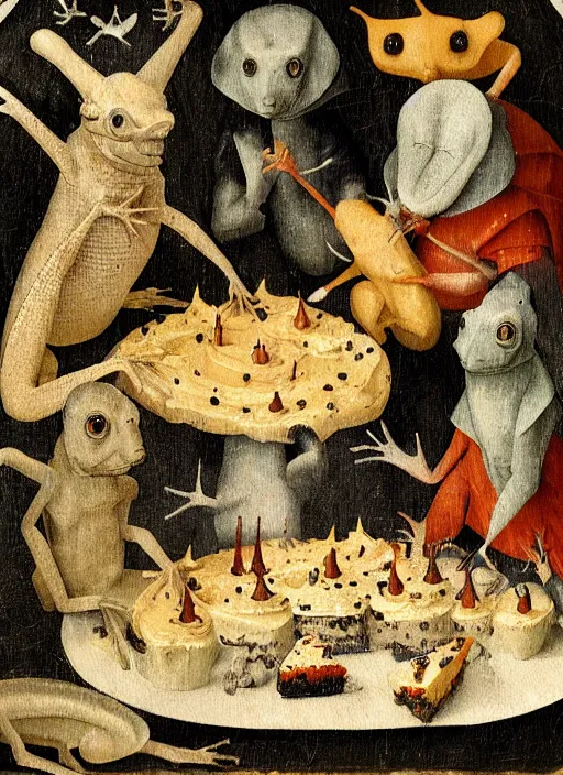 Prompt: a bunch of geckos eating cakes painted by hieronymous bosch, detailed digital art, trending on Artstation