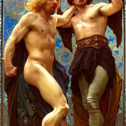 Prompt: manly arthur pendragon and manly merlin. focus on their faces. highly detailed painting by gaston bussiere, j. c. leyendecker, alphonse mucha, greg rutkowski, 8 k