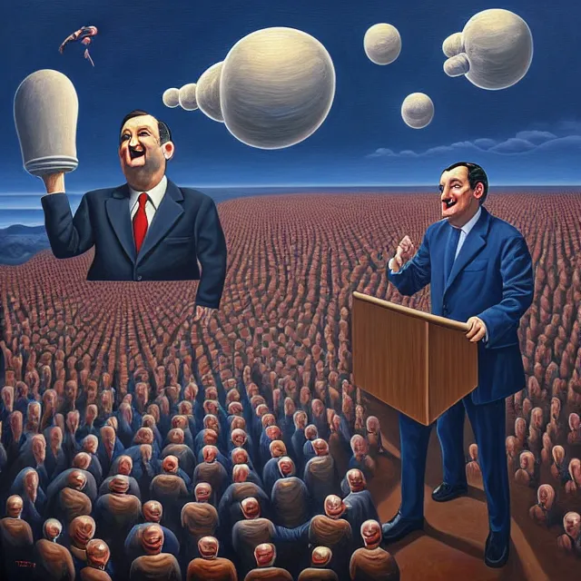 Prompt: an oil on canvas portrait painting of ted cruz doing a speech at the republican convention, surrealism, surrealist, cosmic horror, rob gonsalves, high detail