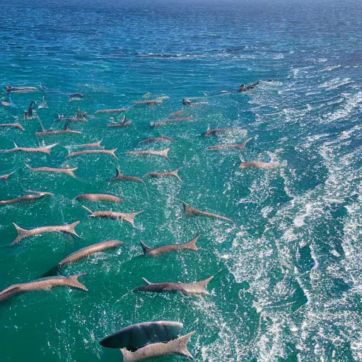 Prompt: wide view of a sea full of sharks