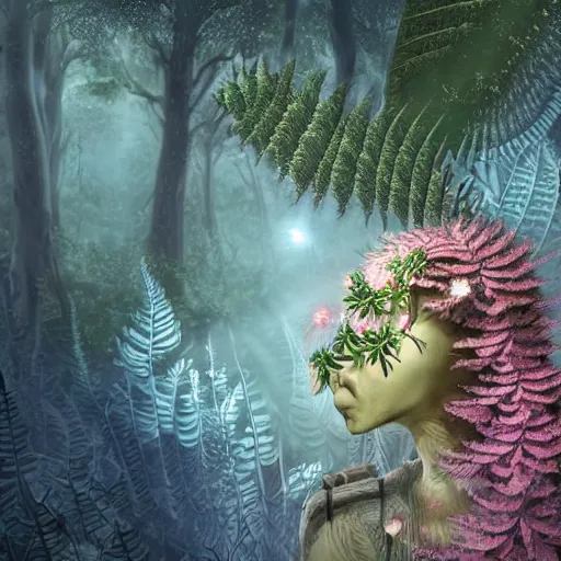 Prompt: an idealistic man, stern face, clear eyes, with shining armour and fractal flowery hair in a fractal garden, glowing delicate flower and ferns that grow in a dark fatansy forest on the planet pandora,