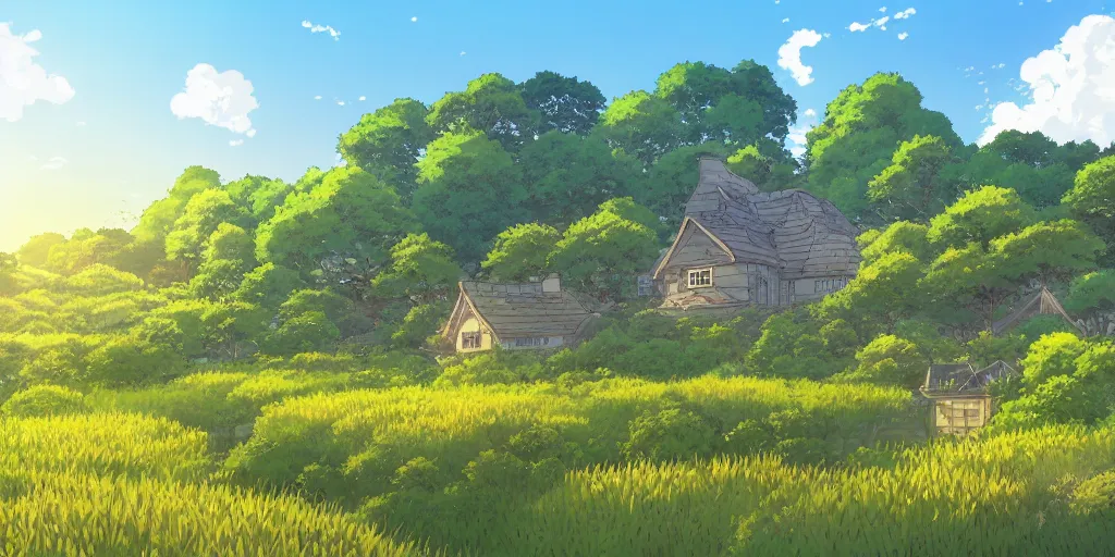 Prompt: anime screenshot wide-shot landscape with house in the garden, stone hedge, and meadow hill, forest on the horizont, beautiful ambiance, golden hour, studio ghibli style, by hayao miyazaki, sharp focus, highly detailed,