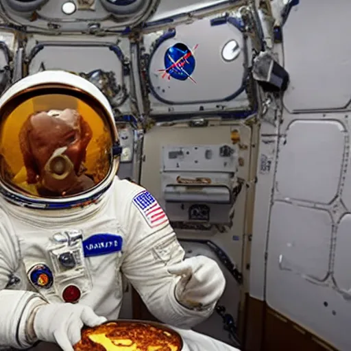 Image similar to an astronaut eating burger at space