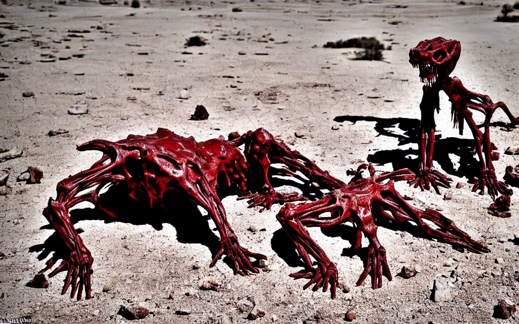 Image similar to in the desert a bloody gross horrifying The Thing creature made of muscle and bone and blood stares at the camera, eating, it walks on two legs, mid day, 35mm photography, realistic,