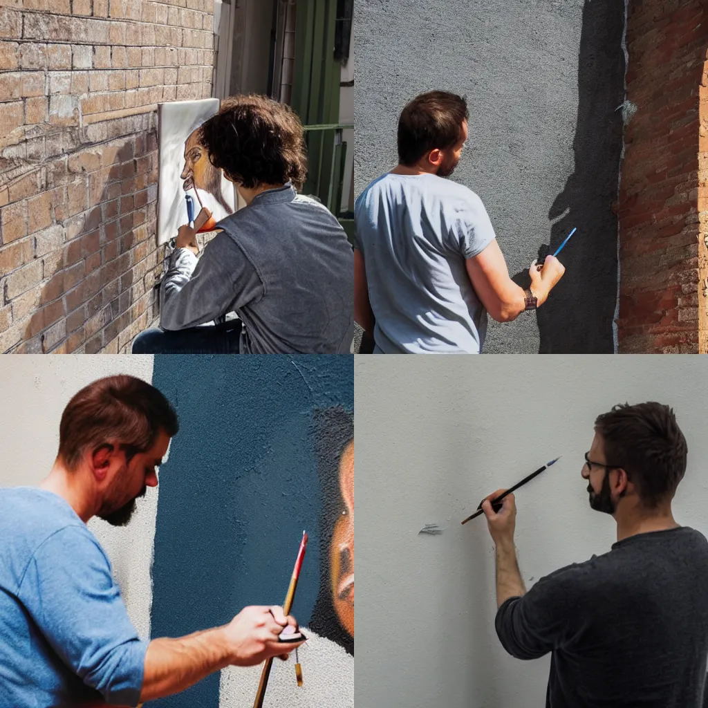 Prompt: a man painting a self portrait on a wall