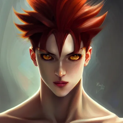 Prompt: portrait of hisoka morow hunter hunter male thin lips small eyes very thin pursed lips extremely sharp jaw yellow eyes almond almond eyes squinting eyes dark red hair soft hair slicked back crimson hair anime, madonna genderbend elegant, highly detailed, digital painting, artstation art by artgerm and greg rutkowski and alphonse mucha