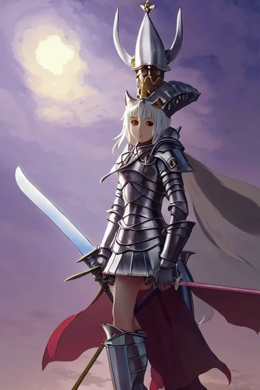 Image similar to a full body of the female knight with a cat on her head with gigantic sword, finely detailed features, closeup at the faces, perfect art, gapmoe yandere grimdark, trending on pixiv fanbox, painted by miura kentaro greg rutkowski makoto shinkai takashi takeuchi studio ghibli, akihiko yoshida